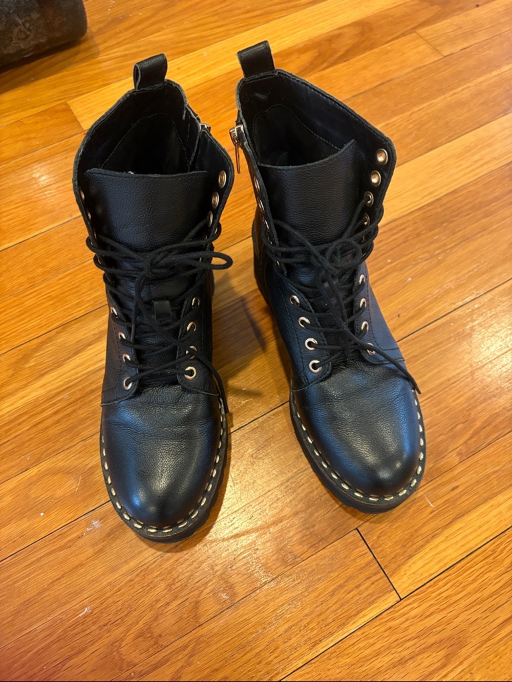 Vince Camuto Black Lace-Up Combat Boots with Contrast Stitching